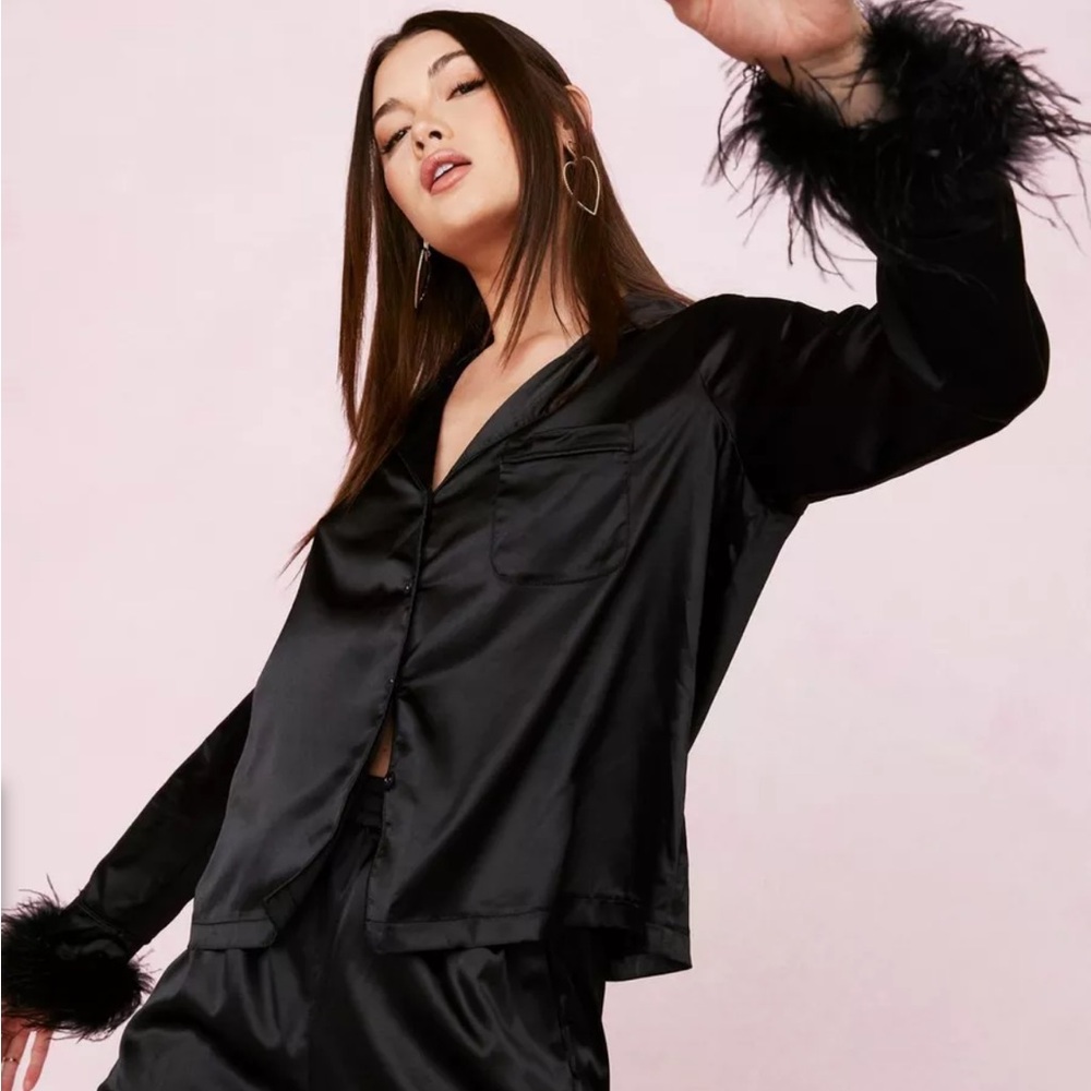 Satin Feather Pajama Shirt and Shorts Set - Nasty Gal